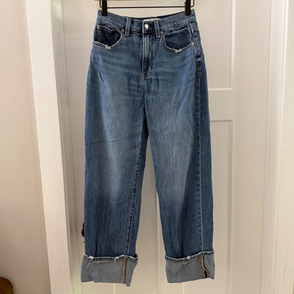 Daze Eastside High Rise Straight Leg Cuffed Jeans Blue Distressed Size‎ 25